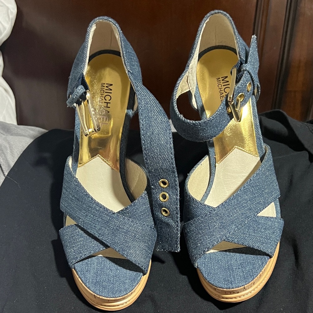 Michael Kors Blue Denim Wedge Sandals